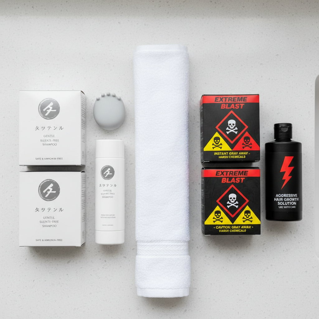 A close-up, photographic realistic overhead shot of a white bathroom countertop divided into two clearly organized sections. On one side, neatly arranged safe, ammonia-free gray hair dye boxes, a silicone scalp massager, and a gentle, sulfate-free shampoo bottle, all with clean, professional Japanese-style packaging. On the other side, more aggressive products labeled with bold warning icons and harsh color schemes. Soft overcast daylight from above creates even, shadow-free lighting that emphasizes labels and textures without drama. The composition uses clear visual contrast between the two sides, with a subtle line created by a folded white towel. The atmosphere is educational and analytical, suggesting comparison and choice, with a clean, clinical yet approachable style ideal for an article about how to choose the right gray hair dye and hair growth products without making mistakes.