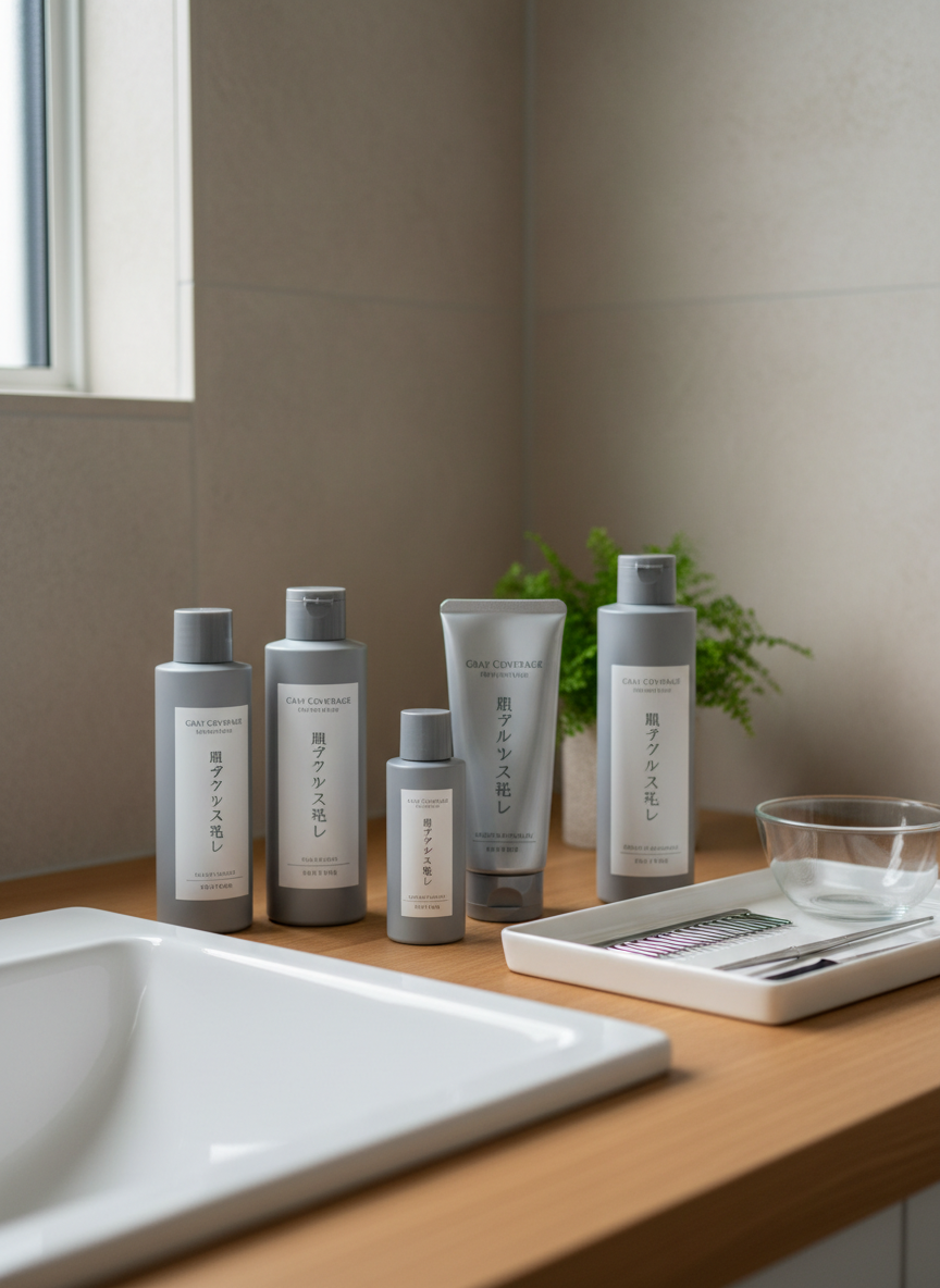 A neatly organized bathroom vanity scene focused on an array of professional-grade gray hair dyes and scalp care products, all with clean, minimalist Japanese labels. The products stand on a light oak counter beside a simple white ceramic tray holding a fine-toothed comb, dye brush, and small glass mixing bowl. Diffused natural daylight from an unseen window softly illuminates the bottles, creating gentle reflections on the semi-matte packaging and the glossy ceramic sink edge. The background is slightly blurred, showing neutral tiles and a small green plant for a hint of freshness. Photographed at eye level with a shallow depth of field, the mood is calm, trustworthy, and clinical yet warm, with photographic realism and a modern, professional aesthetic suited to an expert blog about safe gray hair coloring and thinning-hair care.